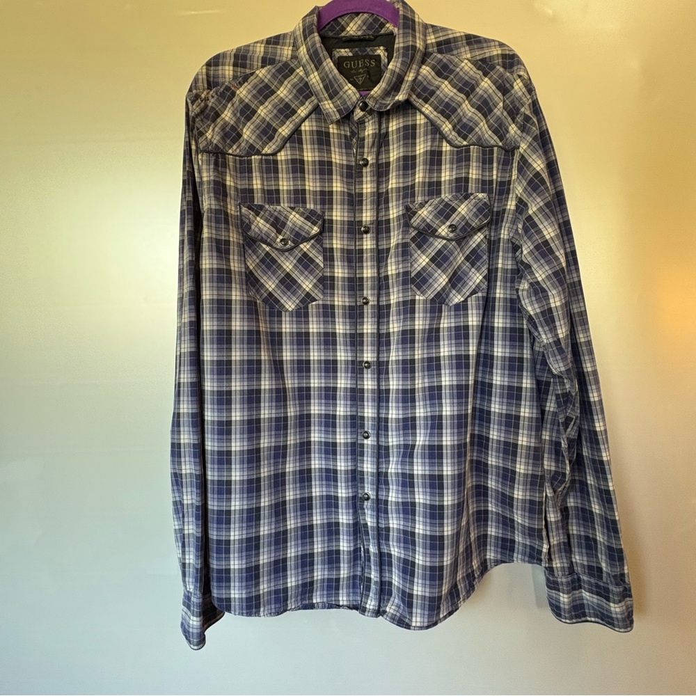 Guess Men's Navy Plaid western snap Shirt size XL